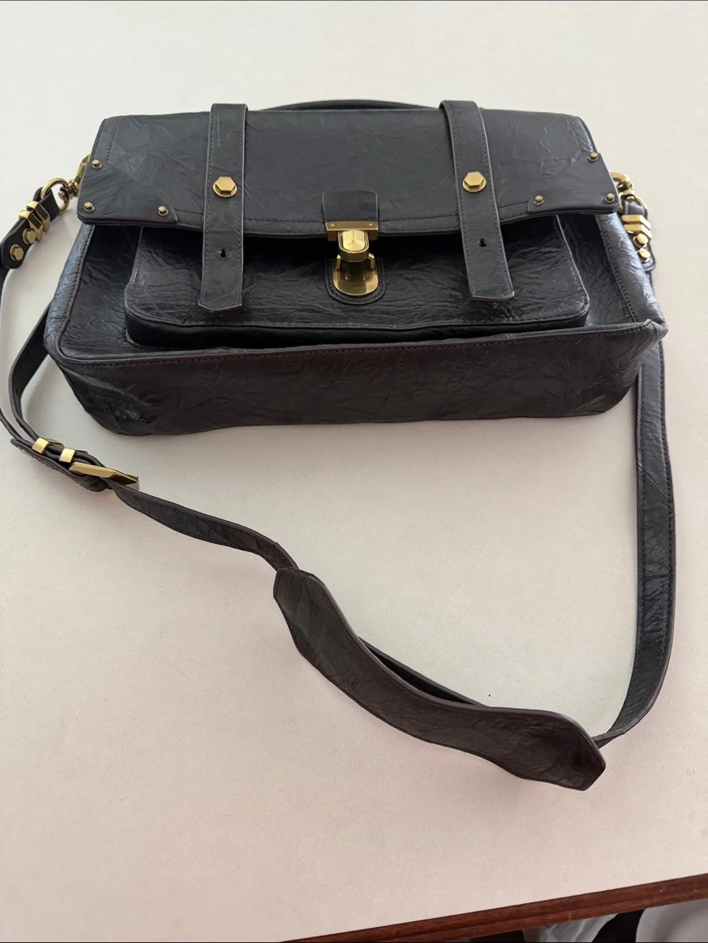 Tory Burch Black Leather Crossbody Satchel with Gold Hardware